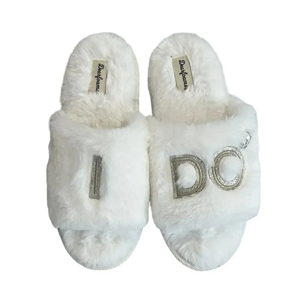 Dearfoams Wedding ‘I DO’ Slippers Women’s M (7-8) Slides Faux Fur Memory Foam